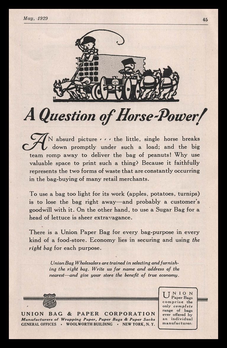 1929 Union Bag & Paper New York NY “A Question Of Horsepower!” Cartoon Print Ad