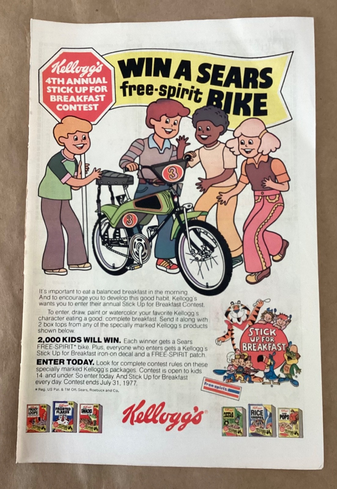 Kellogg’s Sears free spirit Bike 1977 print ad retro 70s comic promo sweepstakes