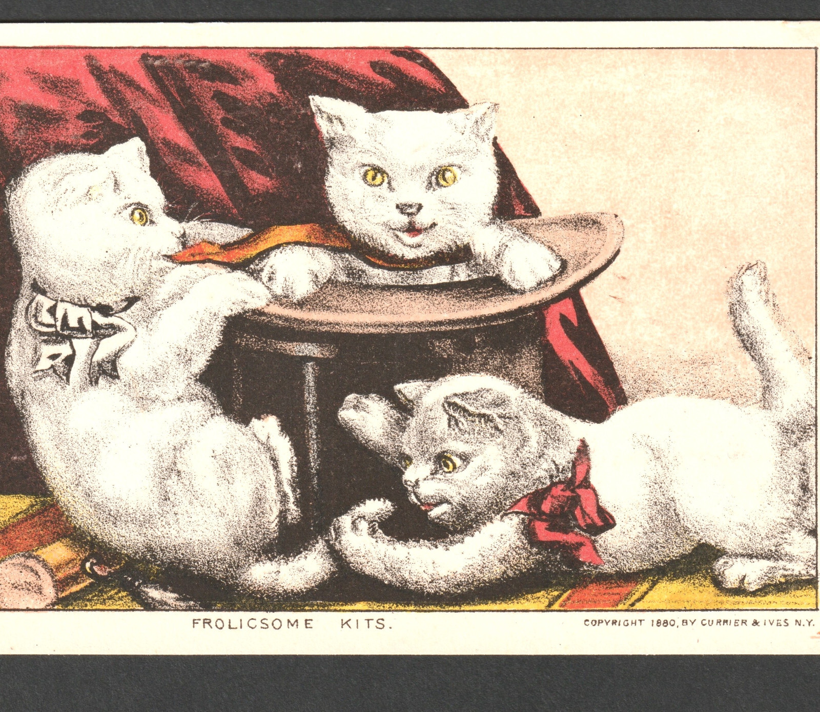 Currier & Ives © 1880 Antique Victorian Trade Card Frolicsome Kits Cat Hat SR.34