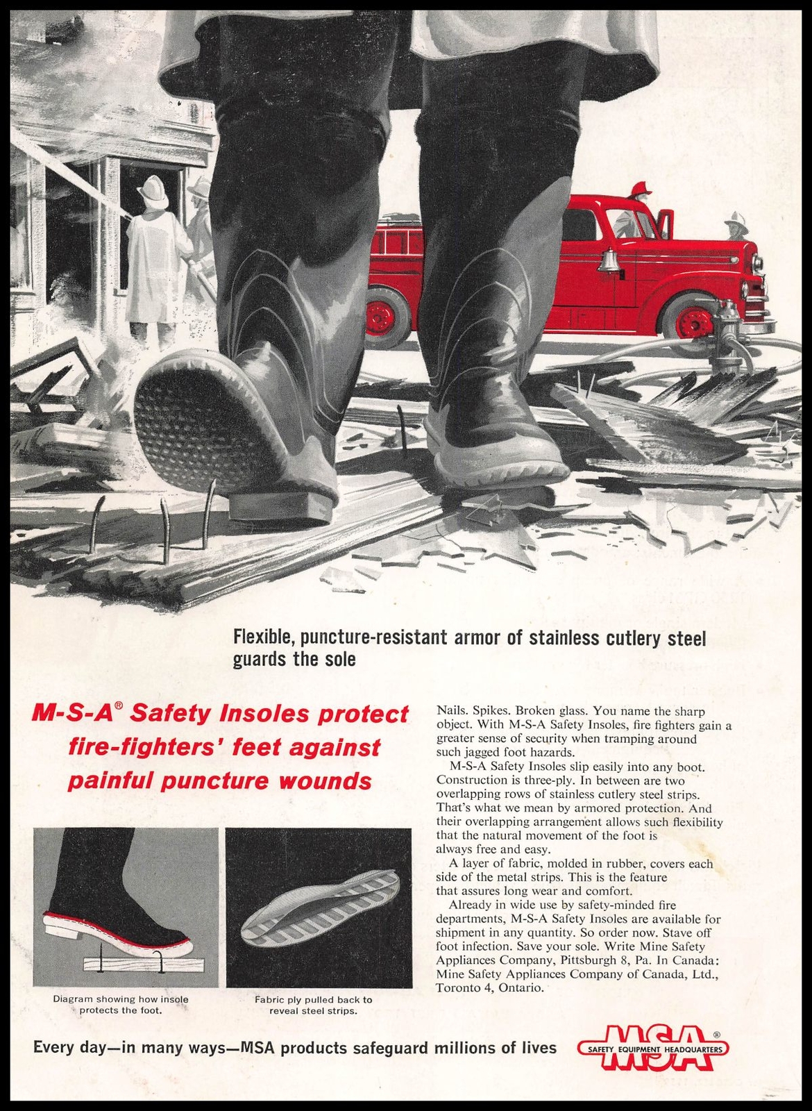 1959 Mine Safety Appliances Pittsburgh Firefighter Boot Insoles Diagram Print Ad