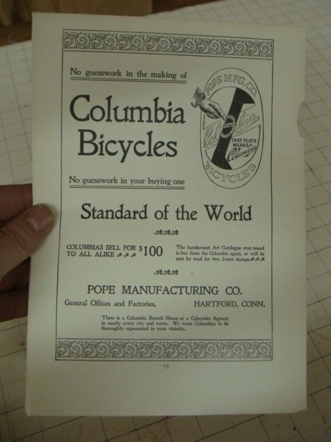 1800’s full page COLUMBIA BICYCLES has tear; – LETTERPRESS orig