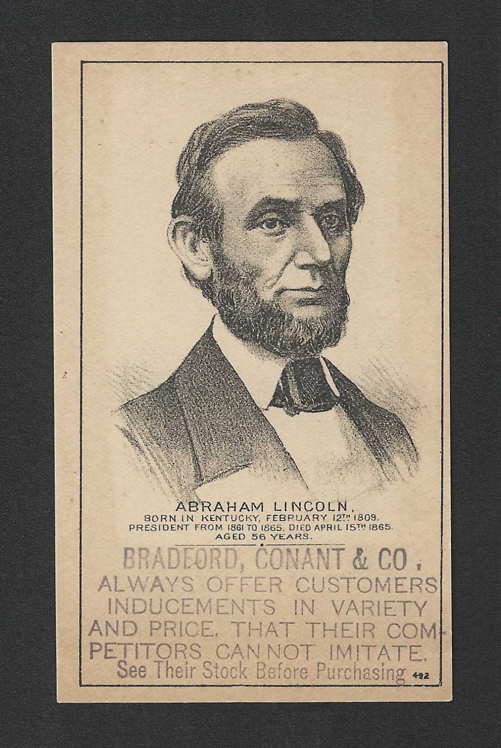 c1880’s HD2A Trade Card – Bradford, Conant & Company – President Abraham Lincoln