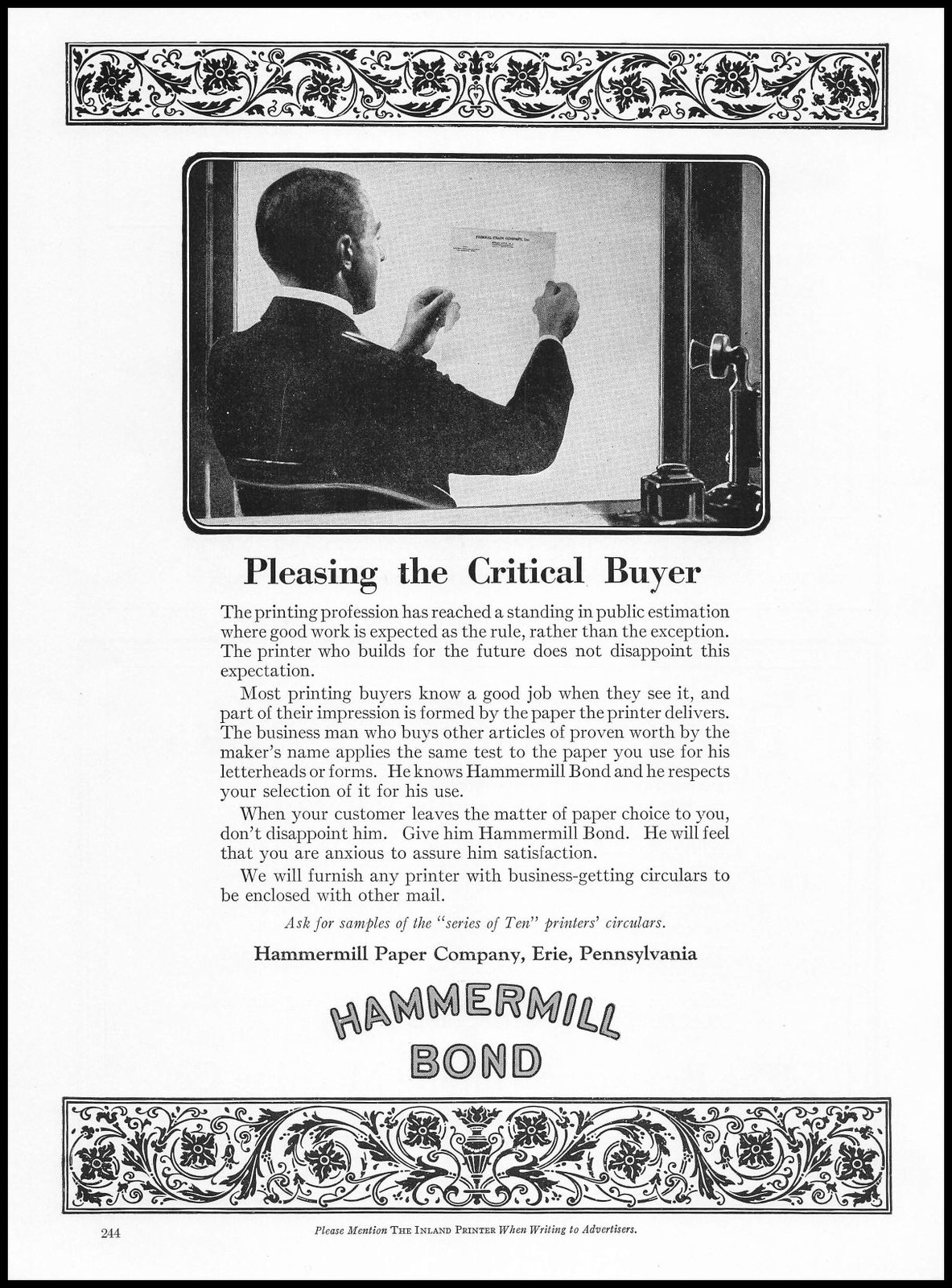 1922 Hammermill Paper Co. Erie Pennsylvania Pleasing The Critical Buyer Print Ad