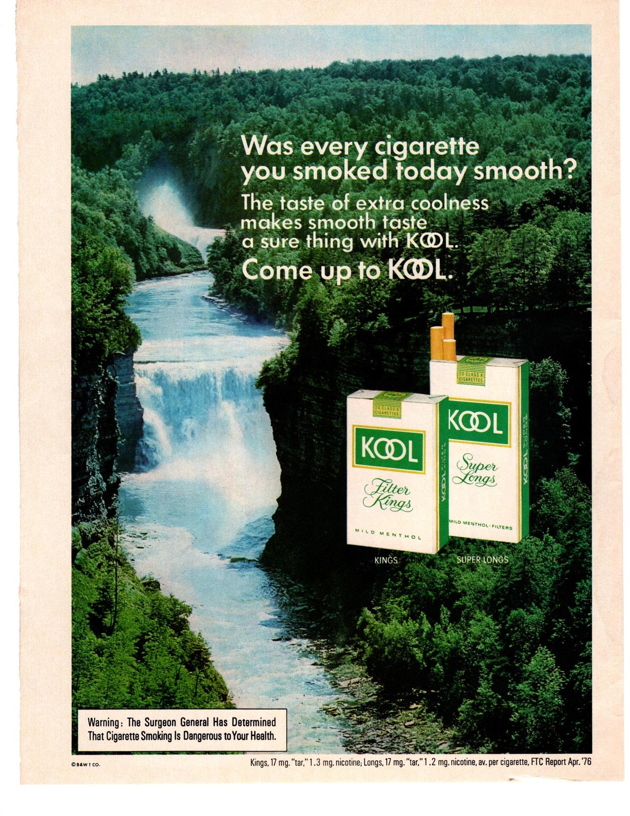 1976 Kool Filter Kings Super Longs Menthol Waterfall Smooth Cigarettes Print Ad