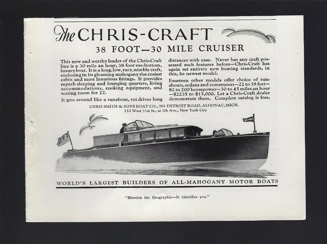 1929 Magazine Chris Craft 38 Foot 30 Mile Cruiser 5 X 7 Inch Print Ad