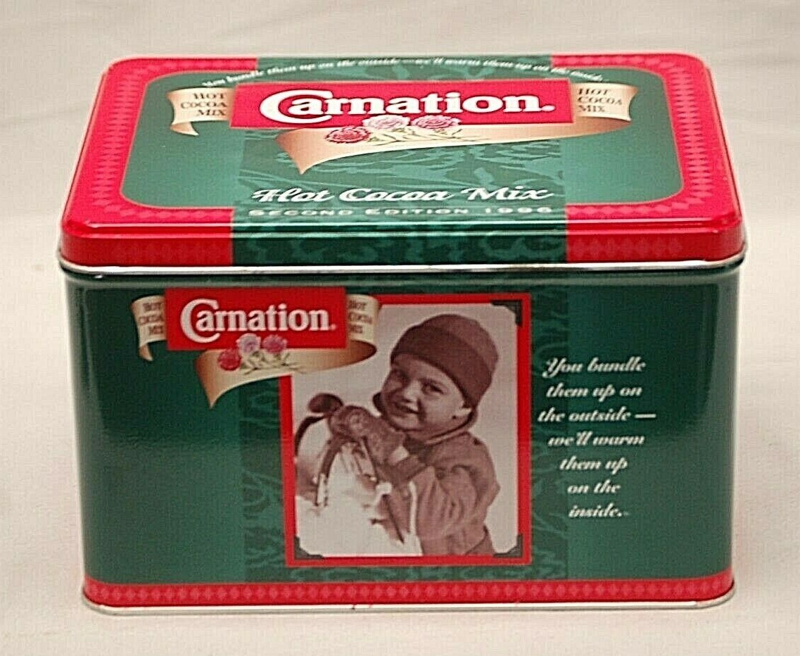 Carnation Hot Cocoa Mix Tin Box Canister 1996 Nabisco Advertising Winter Scenes