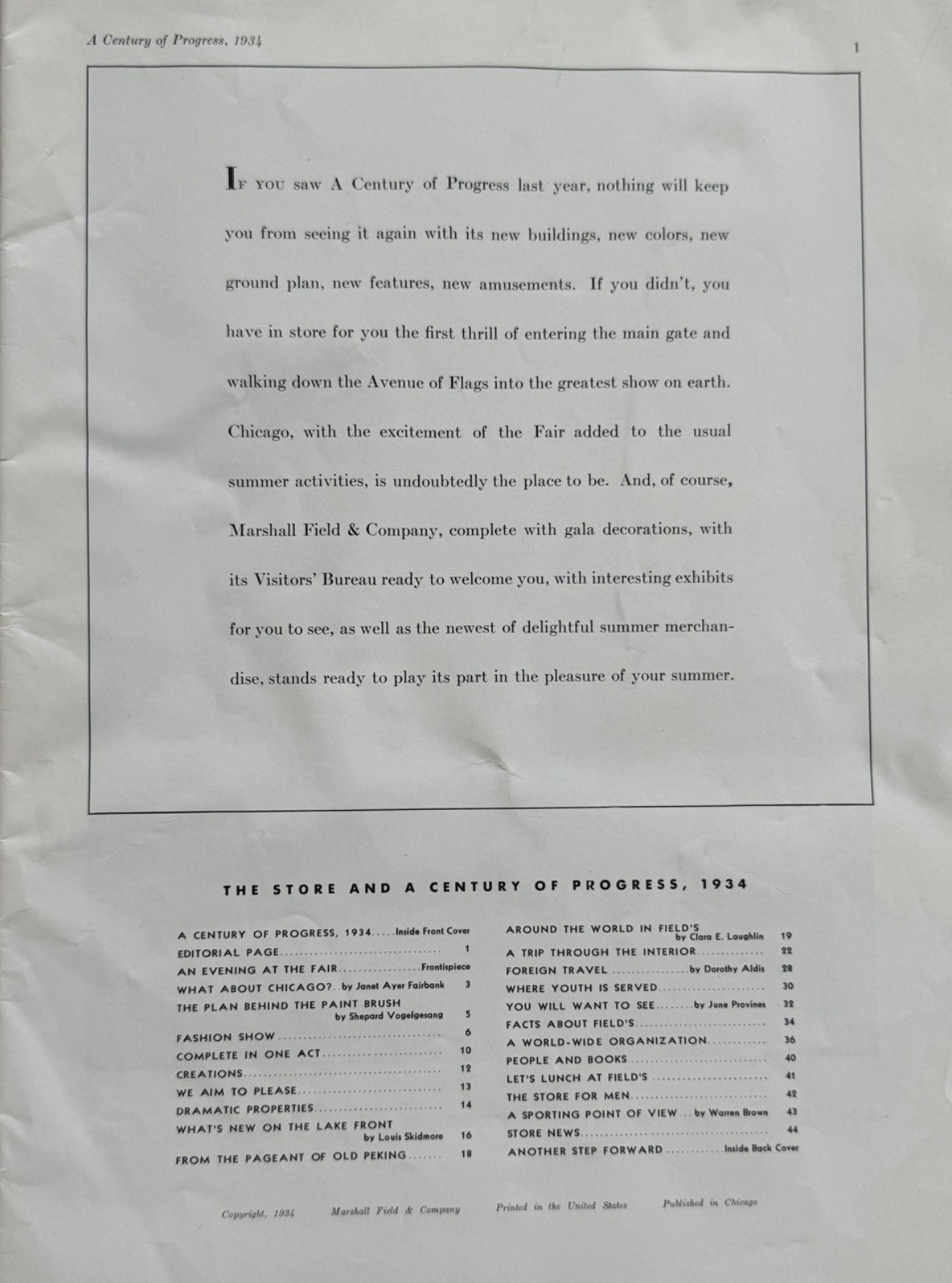 1934 Marshall Field & Company 1933 Chicago Worlds Fair Magazine Catalog