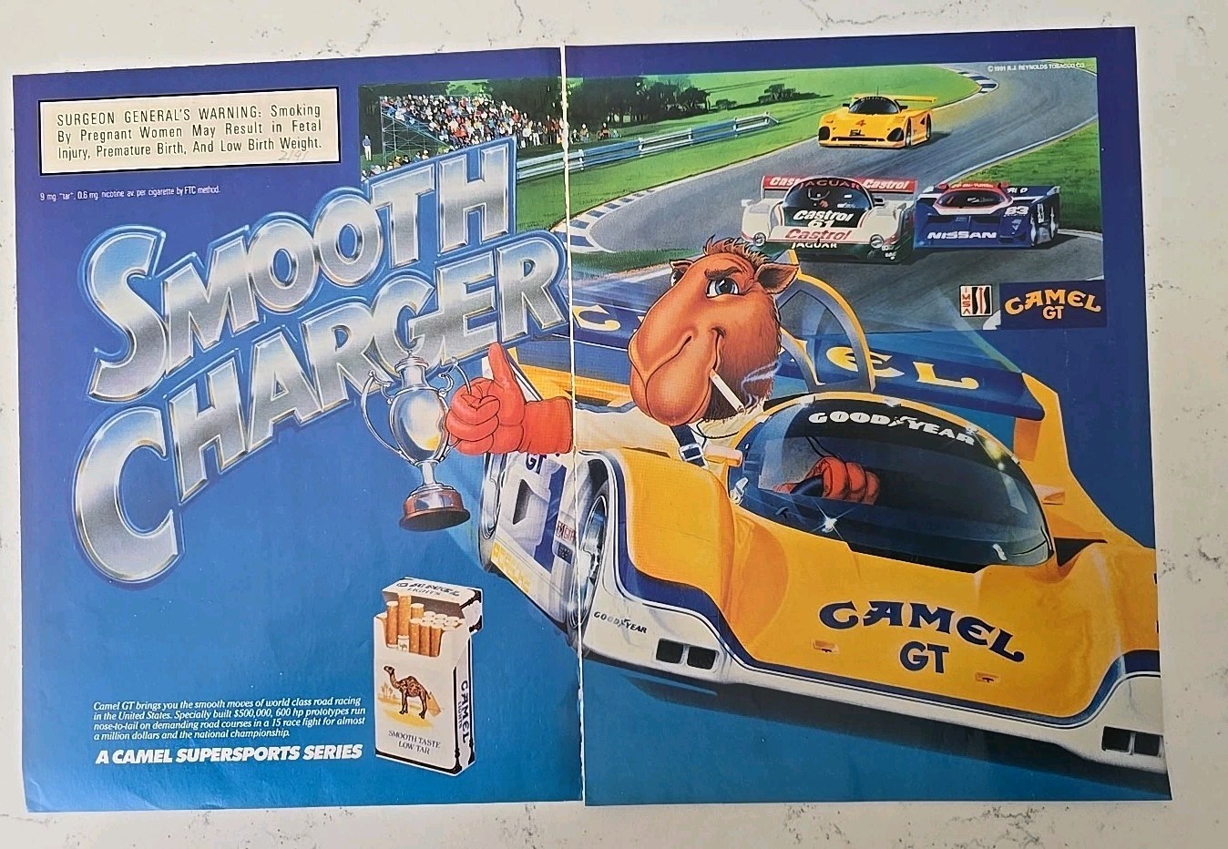 1991 Camel Cigarettes Joe Camel Smoking Goodyear GT Racing Car Vintage 2 Page Ad