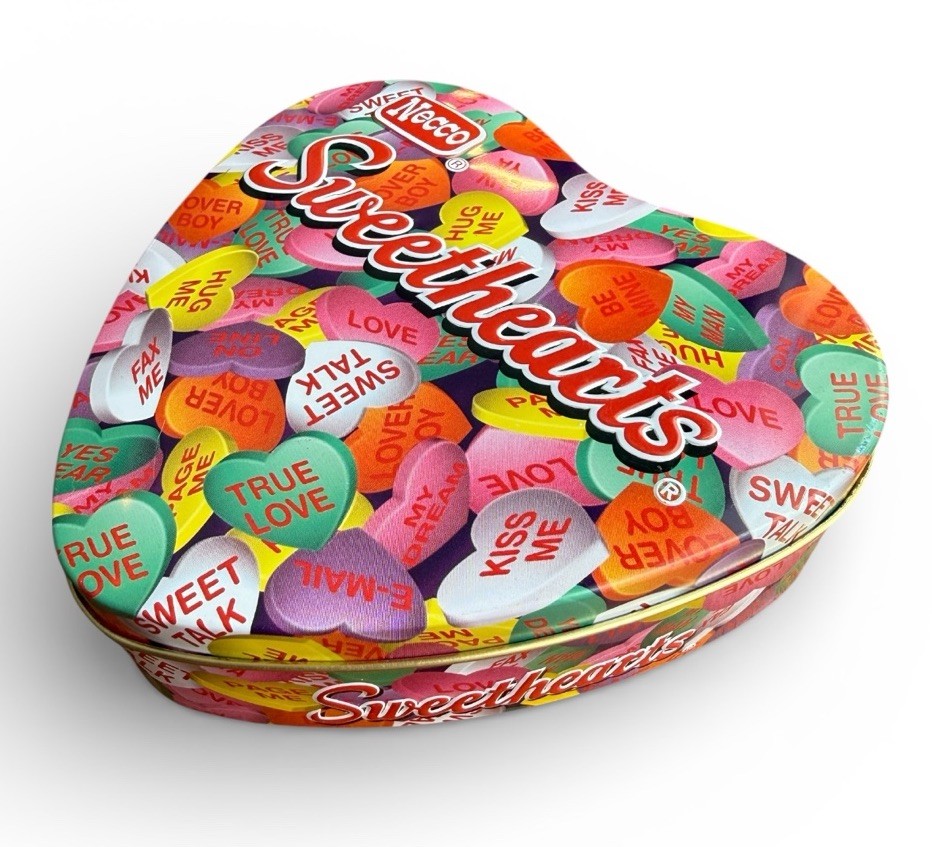 Vintage Necco Sweethearts Multicolor Heart-Shaped Collectible Advertising Tin