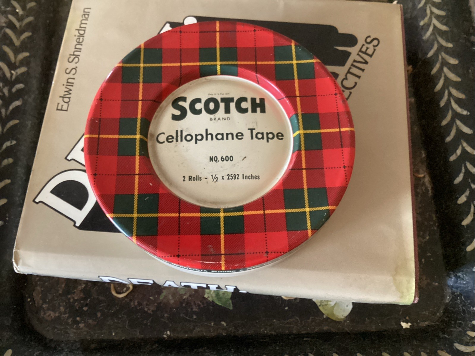 Vintage SCOTCH BRAND CELLOPHANE TAPE RED PLAID TIN CONTAINER ,With Tape