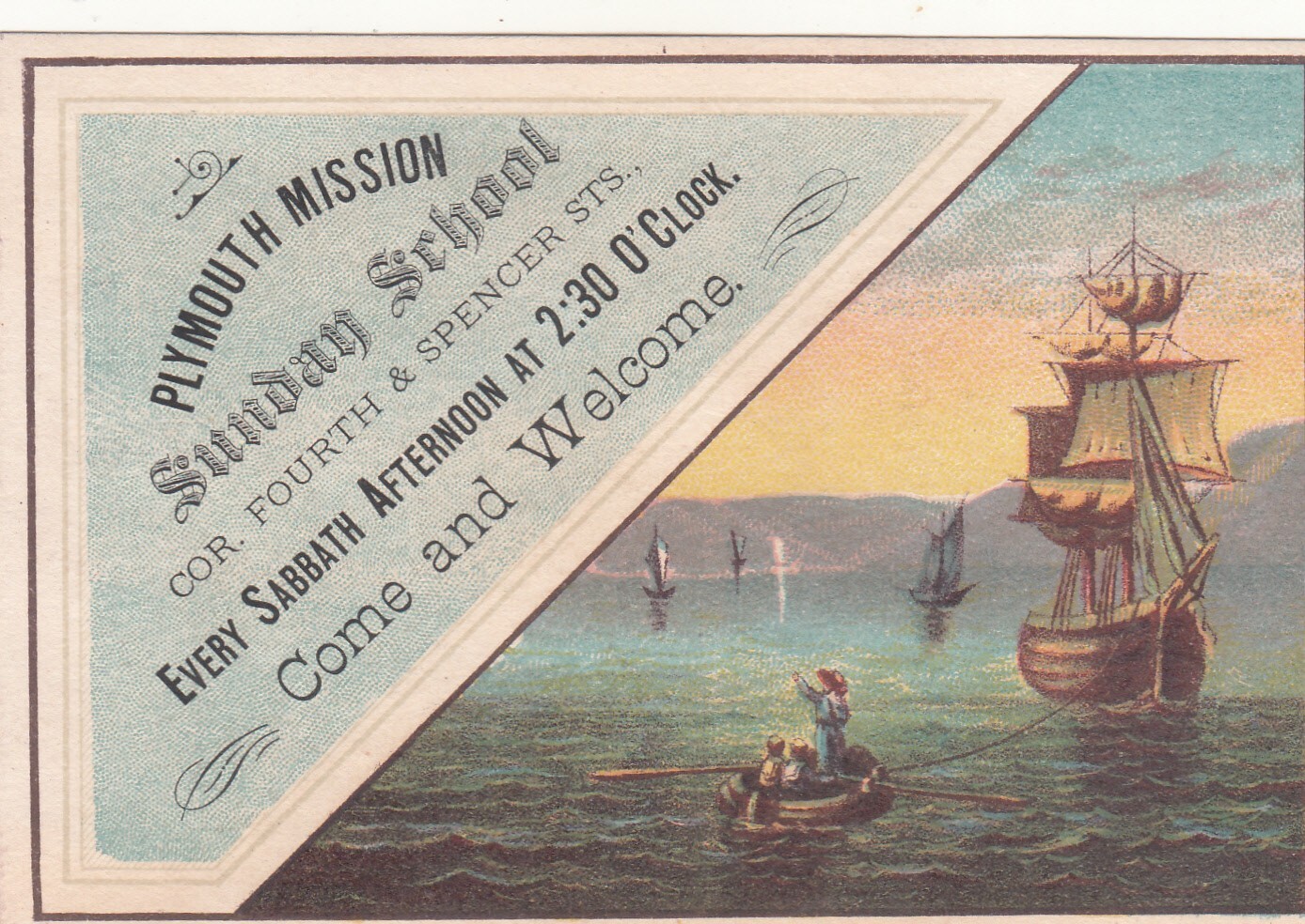 Plymouth Mission Sunday School Sabbath Sailing Ship Rowboat Vict Card c1880s
