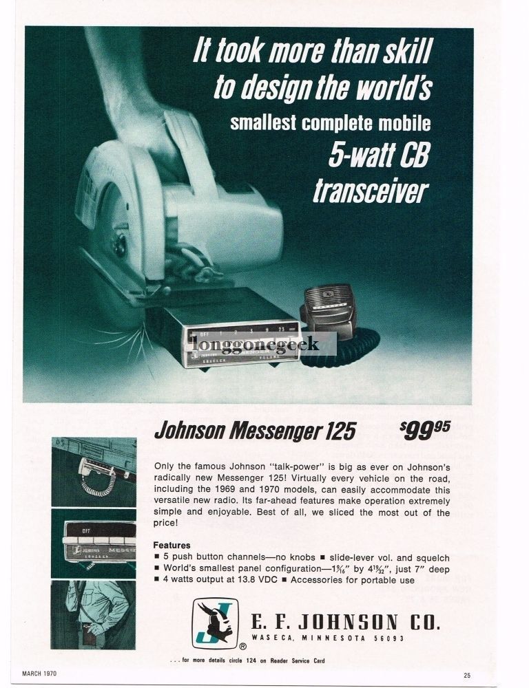 1970 E. F. Johnson Messenger 125 CB Radio Tranceiver VINTAGE Print Ad