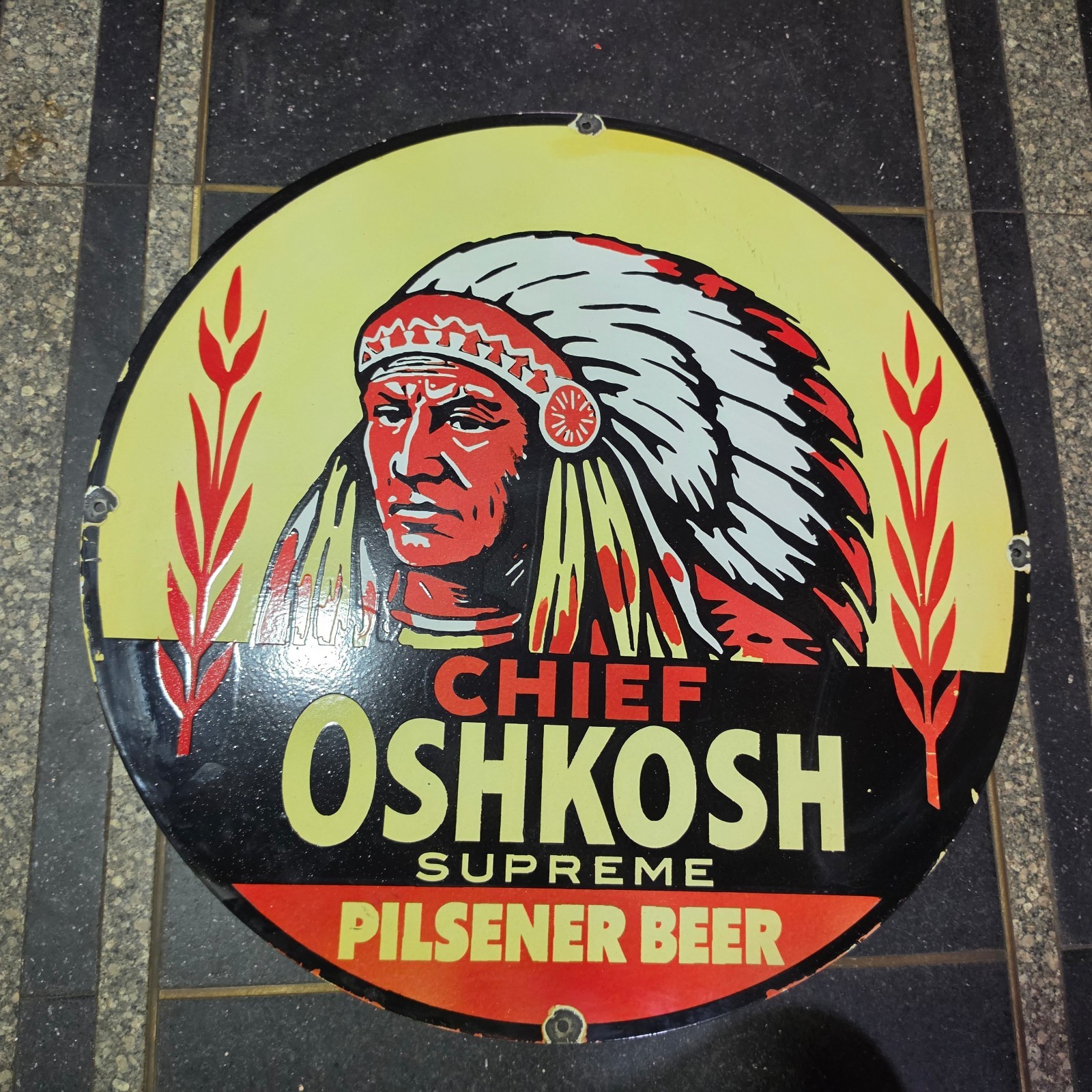 OSHKOSH BEER PORCELAIN ENAMEL SIGN 29 X 29 INCHES