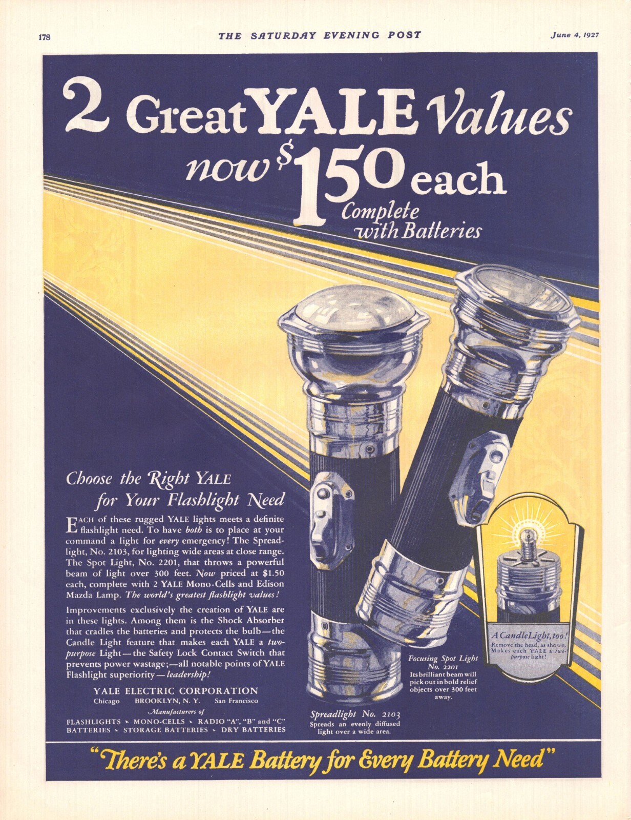 1927 Yale Flashlight with Batteries Print Ad 2103 Spread Light 2201 Spot