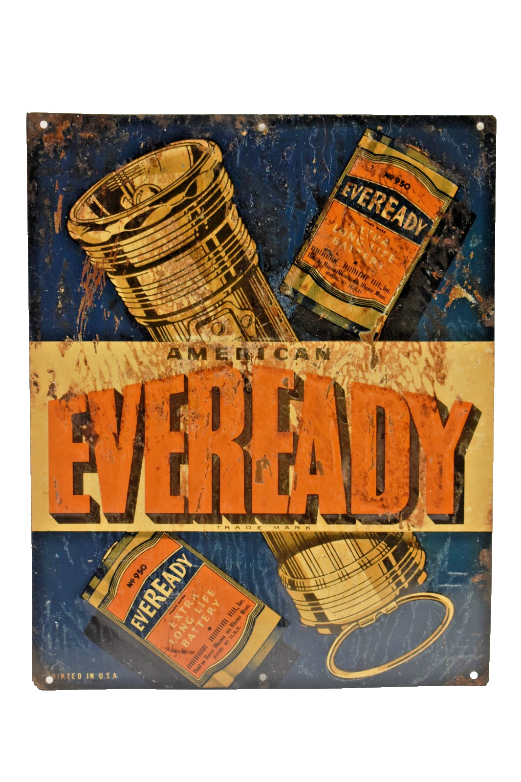 Vintage Eveready Tin Litho Advertising Sign Flashlight & Battery USA 10×9 Rare”8