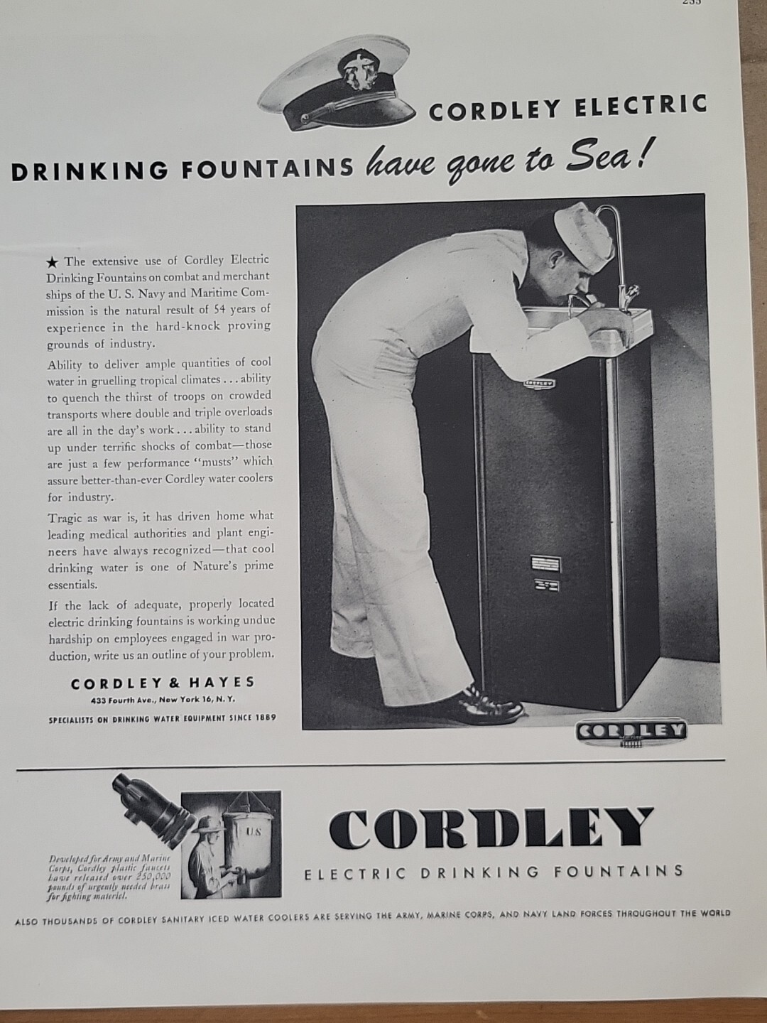 1943 Cordley & Hayes Drinking Fountains US Navy Sailor Fortune WW2 Print Ad Q3