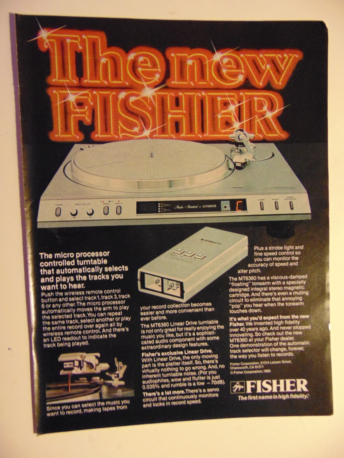 1980 FISHER MT 6360 Linear Drive Turntable vintage print ad