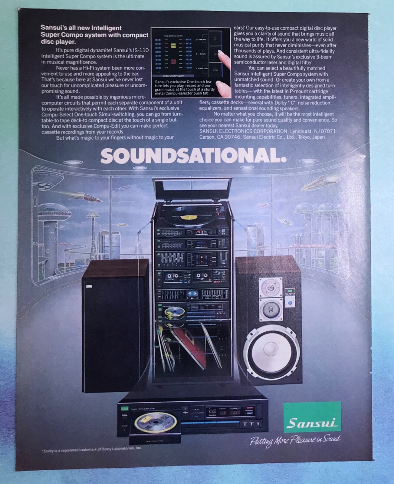 vintage 1970s mag print ad SANSUI ELECTRONICS CORP Stereo System mancave
