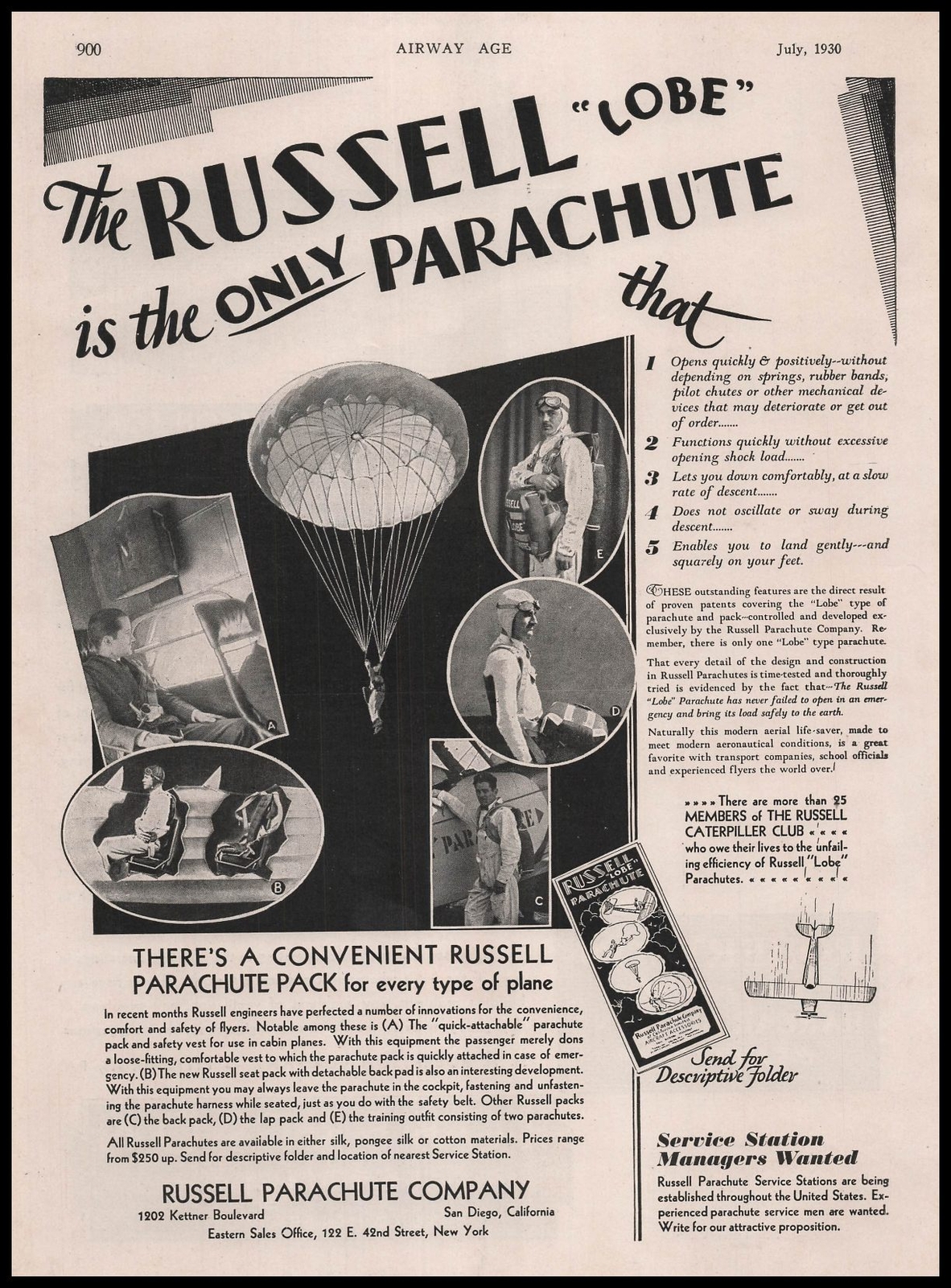 1930 Russell Lobe Parachute San Diego California Photo Caterpillar Club Print Ad