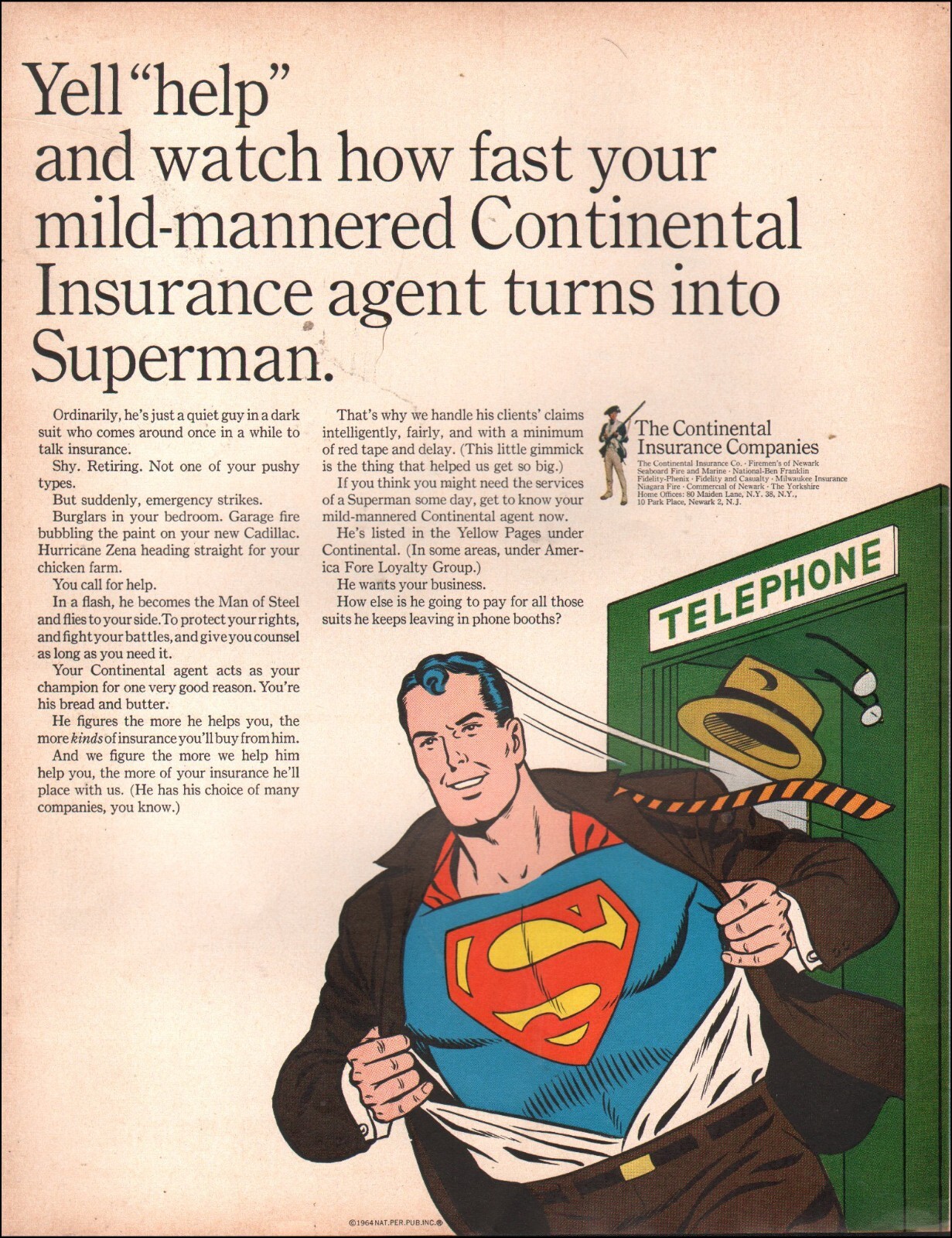 1964 Vintage ad The Continental Insurance Co retro Telephone Booth Super Man ART