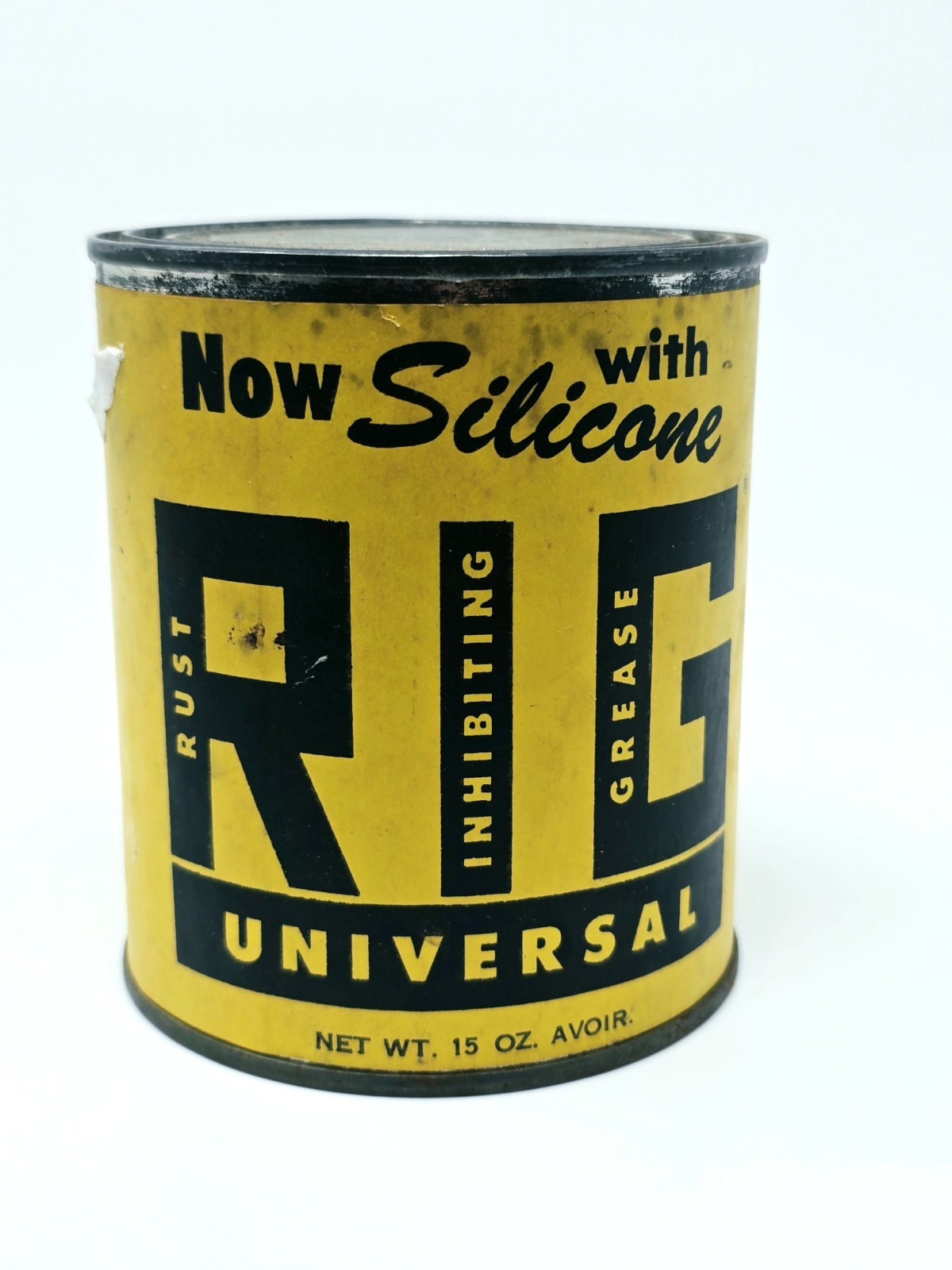 Vintage RIG Universal Rust Inhibiting Grease Tin Can 15 oz Adv Gas Garage Art
