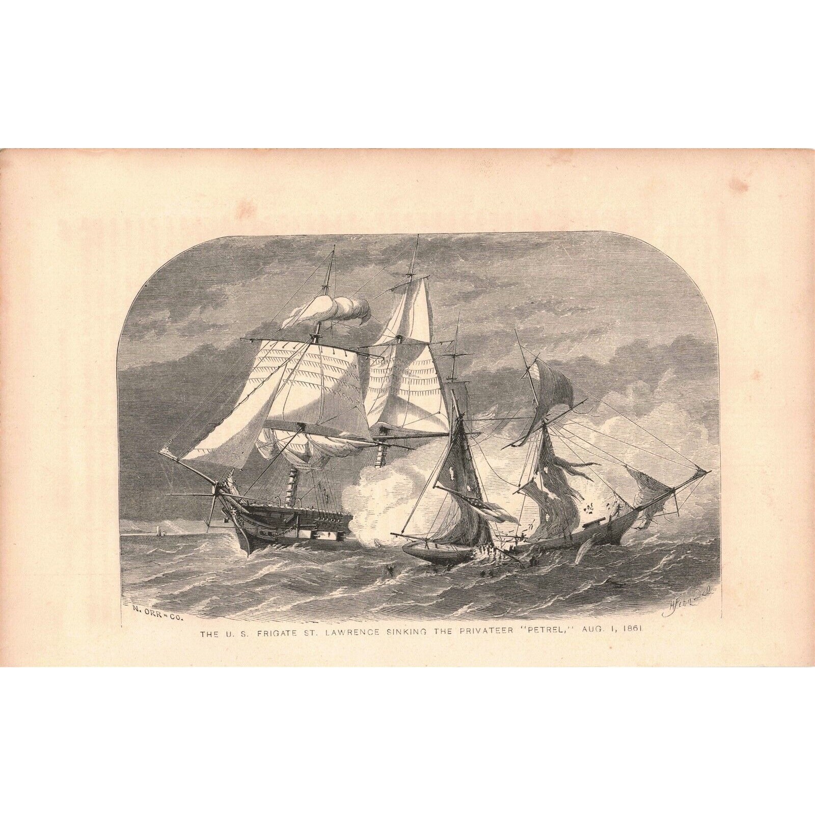 1864 U.S. Frigate Sinking Privateer Petrel Original Engraving H. Fenn 2P1-13 et