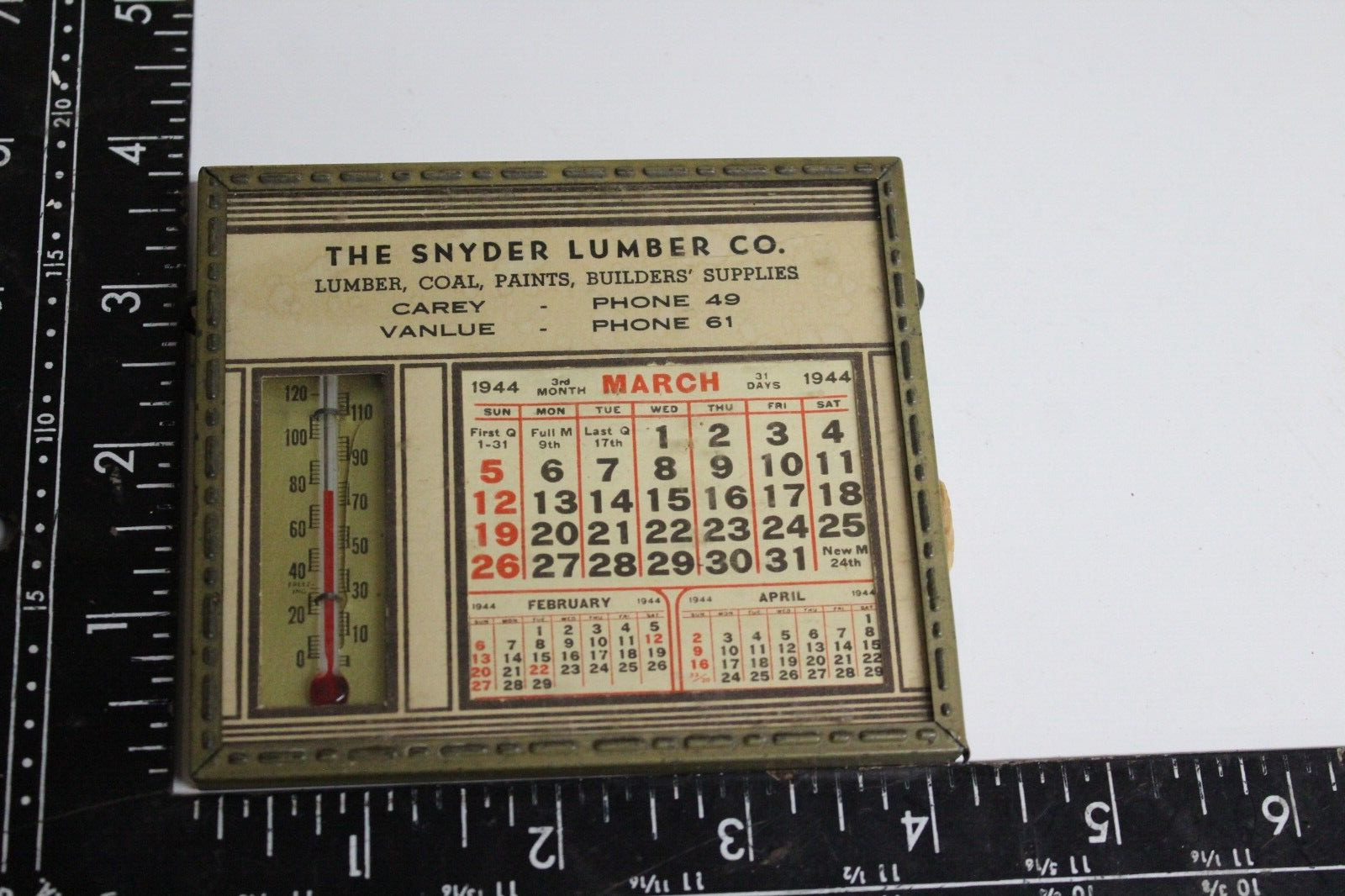 SNYDER LUMBER OHIO CALENDAR WIRE EASEL METAL FRAME GLASS THERMOMETER SIGN 1944