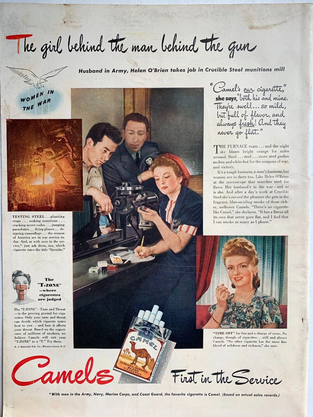 1944 Camel Cigarettes Print Ad 14″x10″ WWII Crucible Steel Mill Helen O’Brien