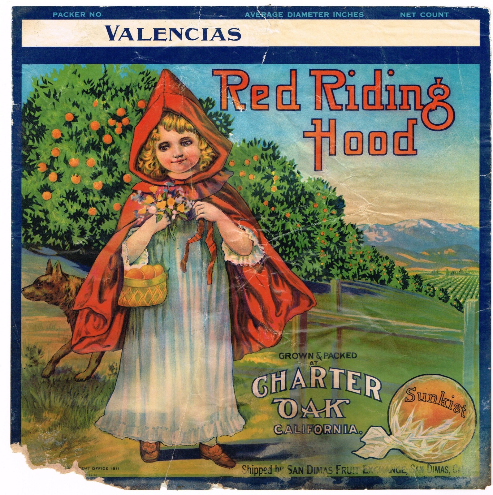 ORIGINAL ORANGE CRATE LABEL SAN DIMAS VINTAGE RED RIDING HOOD CHARTER OAK RARE!