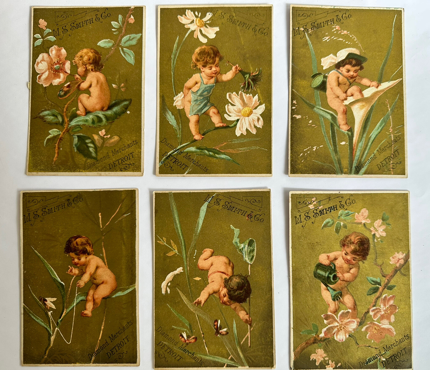 VICTORIAN TRADE CARD Set Of 6 Children Garden Smith Diamond Merchant Detroit A97