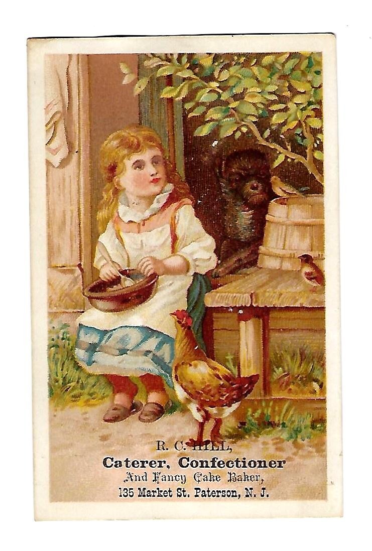 c1890 Victorian Trade Card, R.C. Hill Caterer Confectioner, Girl, Chicken & Dog