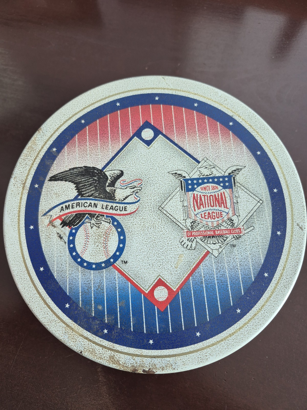MLB Vintage 1990 American & National League Round Olive Can Tin Collectible VTG