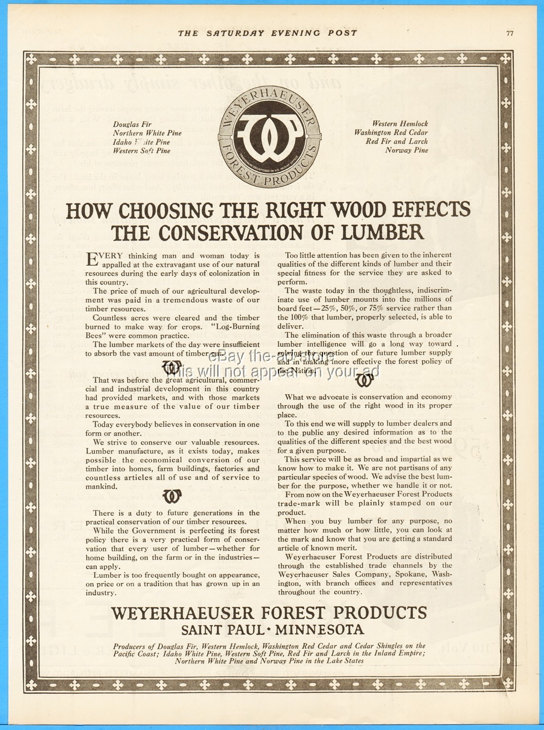 1921 Weyerhaeuser Forest Products St Paul MN Wood Conservation of Lumber Ad