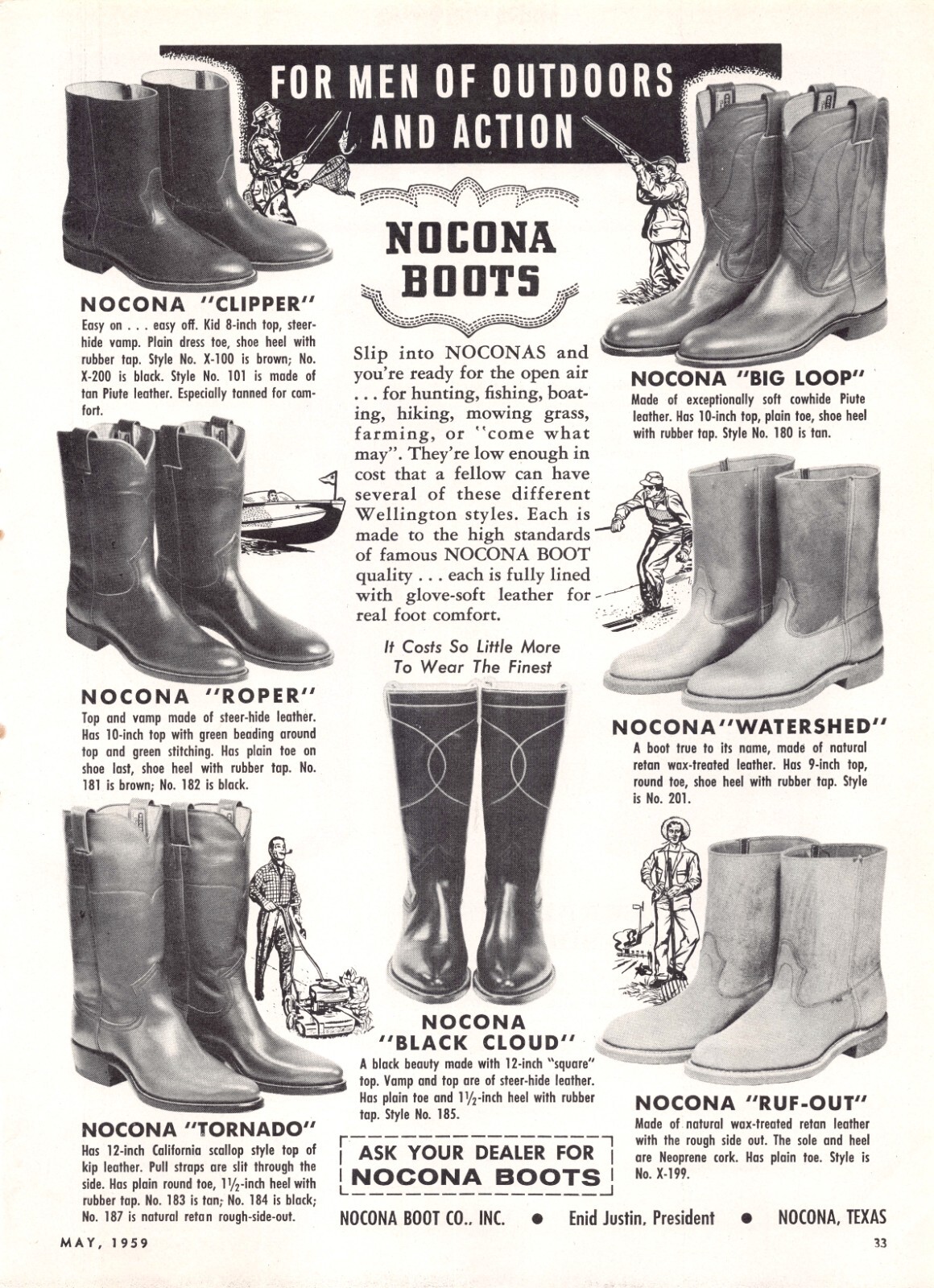Nocona Boots Clipper Roper Tornado Big Loop Watershed Ruf-Out 1959 Vtg Print Ad