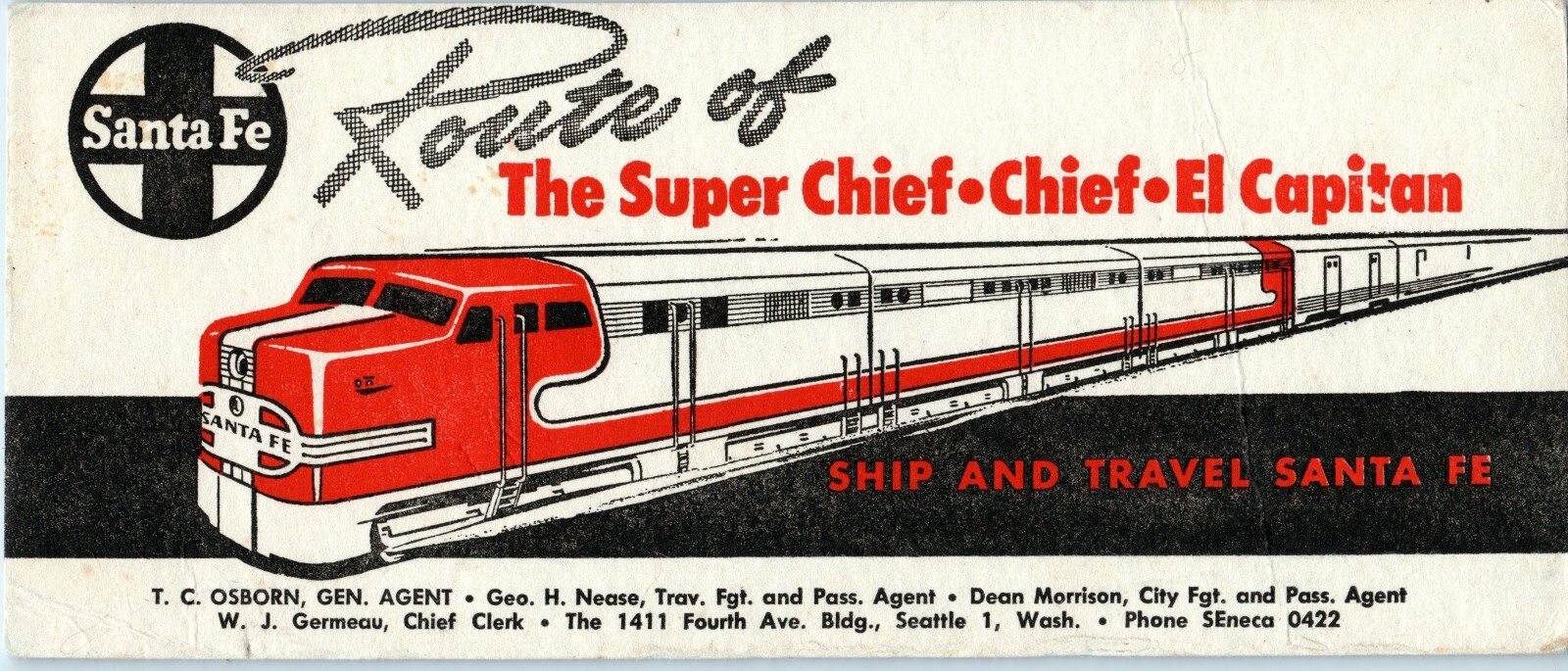 SANTA FE RAILROAD VINTAGE BLOTTER SUPER CHIEF EL CAPITAN SEATTLE WASHINGTON 9″