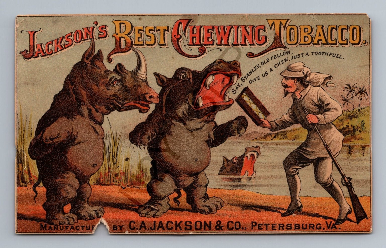 Jackson’s Best Chewing Tobacco Trade Card Rhino Hippo Art Dunbar Cates Bangor ME