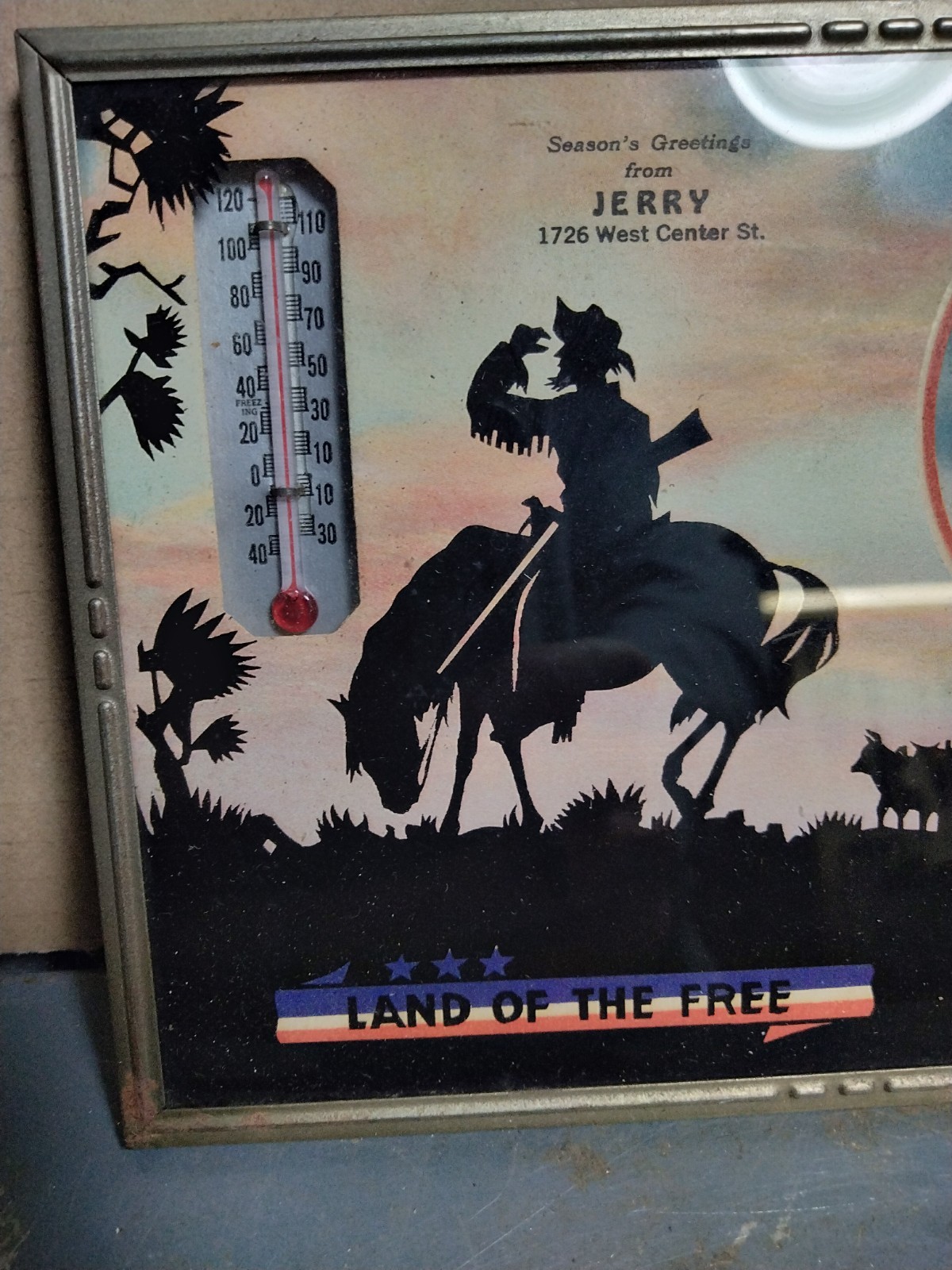 Vintage Mirror Thermometer Season Greeting Jerry Land Of The Free Americana