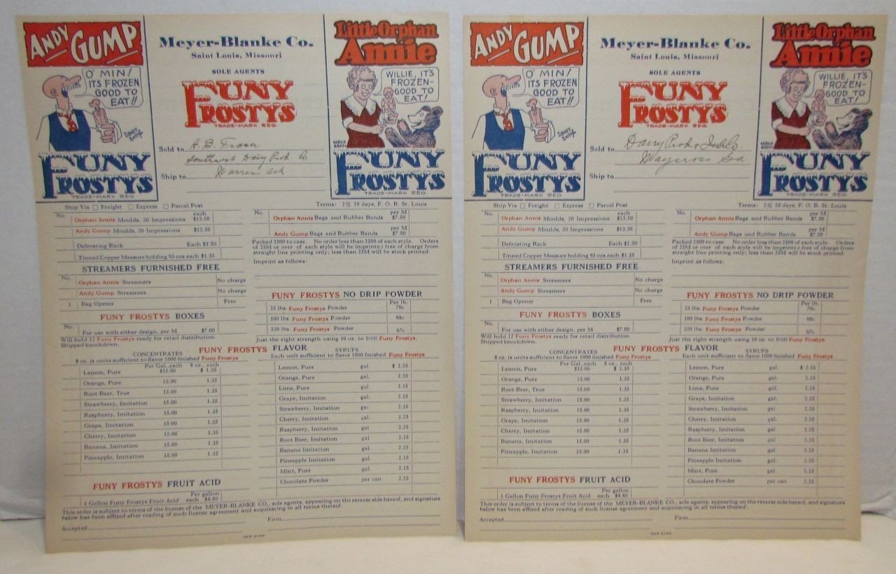1931 Andy Gump & Little Orphan Annie Funy Frostys Ice Cream License Forms