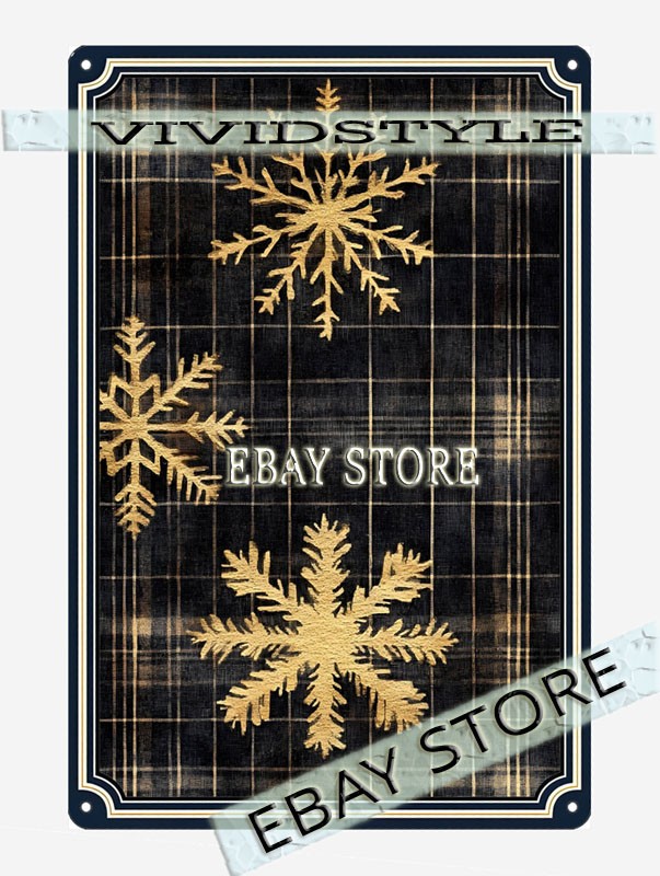Metal Tin Sign gold snowflakes plaid decor black plaid