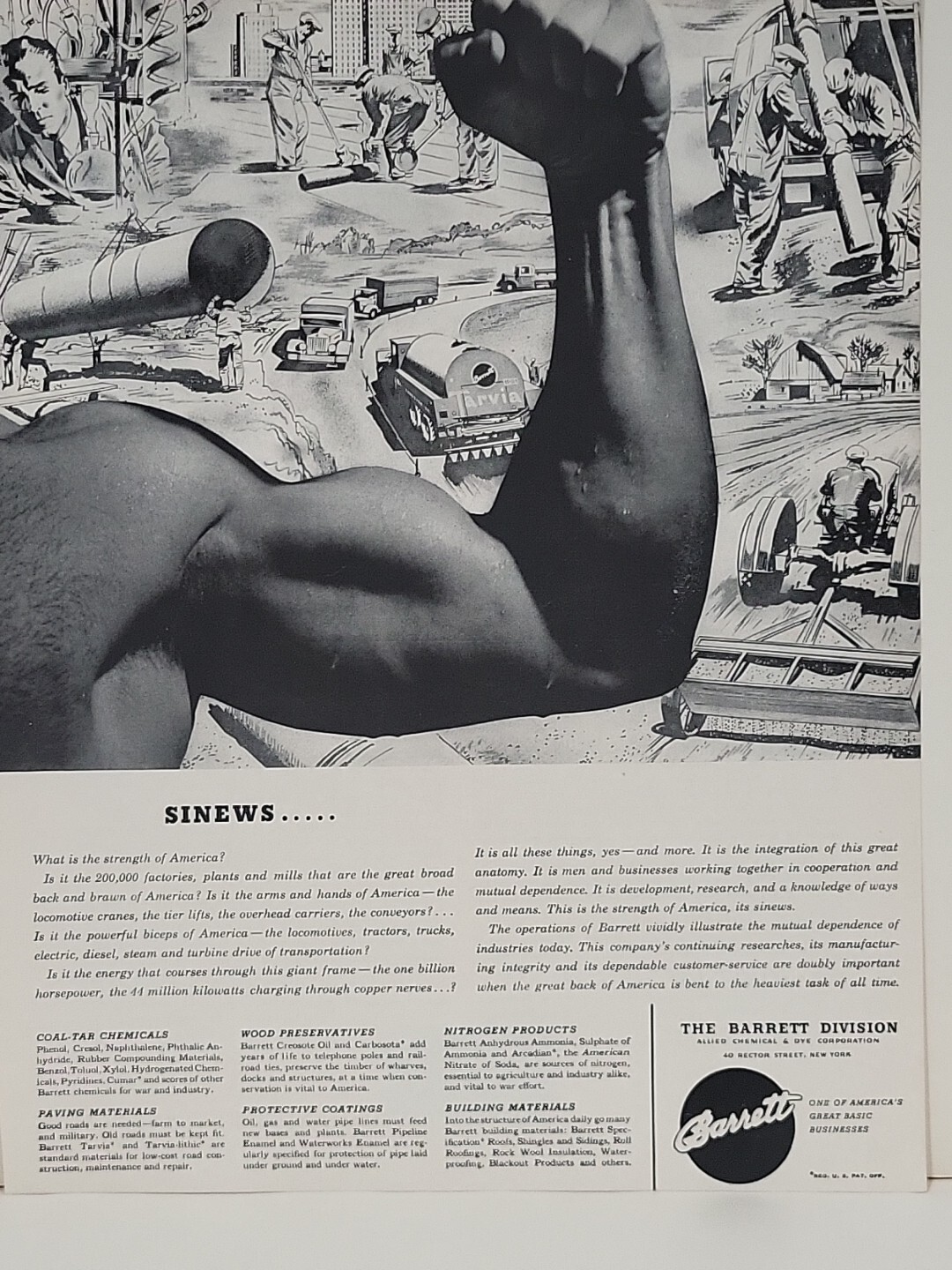 1942 Barrett Division Allied Chemicals Dyes Fortune WW2 Print Ad Q2 Sinews Bicep