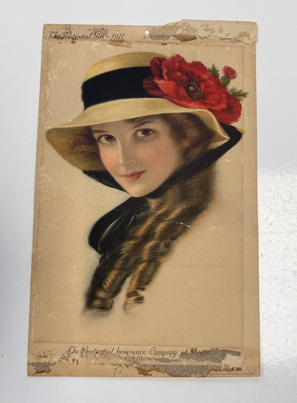Antique 1917 Prudential Girl Calendar Advertising Poster Vintage Lithograph Art