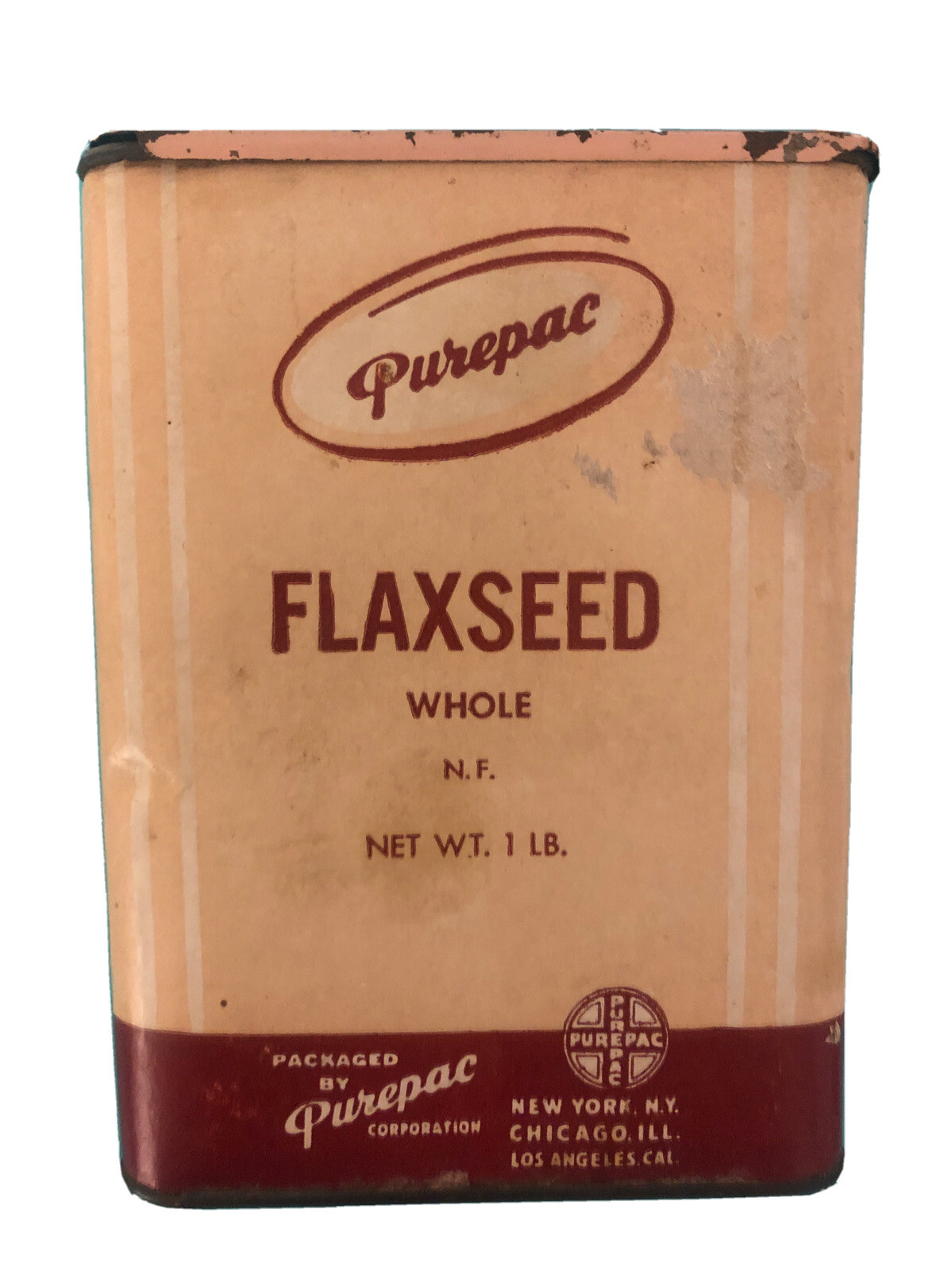 Vintage Purepac Flaxseed 1lb Can Metal Tin Collectible 5×3.75×2.5” empty