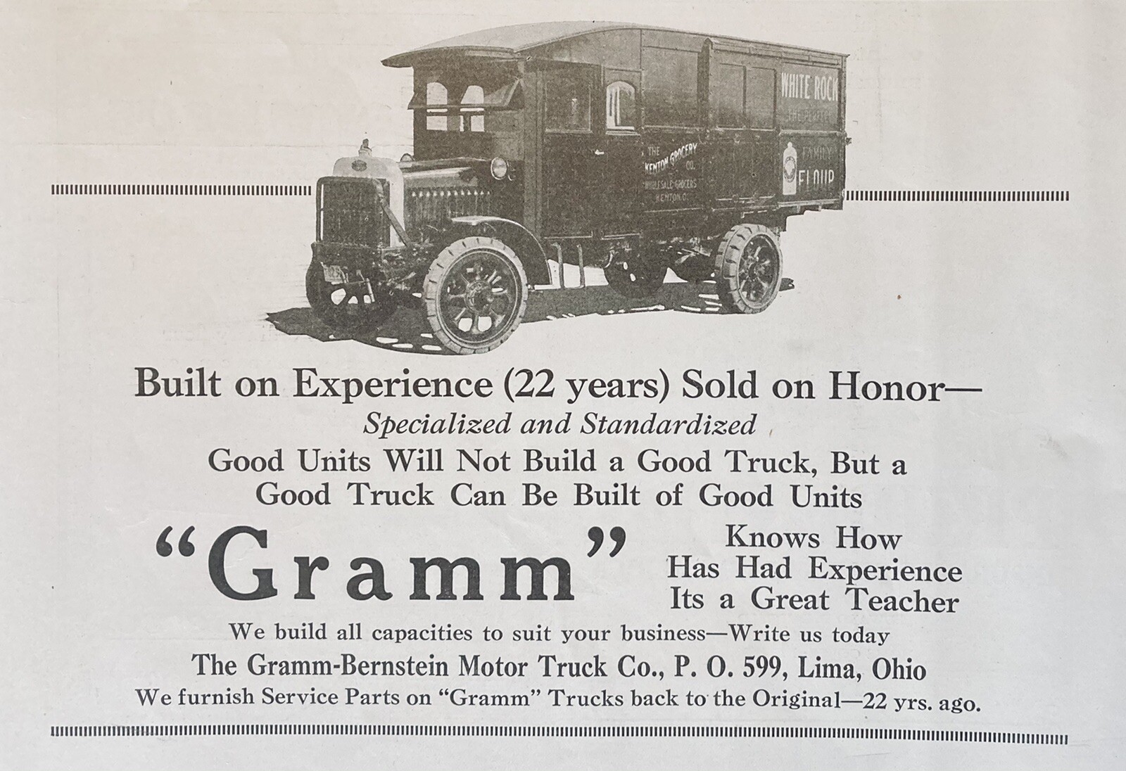 1923 AD(L17)~GRAMM-BERNSTEIN MOTOR TRUCK CO. LIMA, OHIO. GRAMM DELIVERY TRUCKS