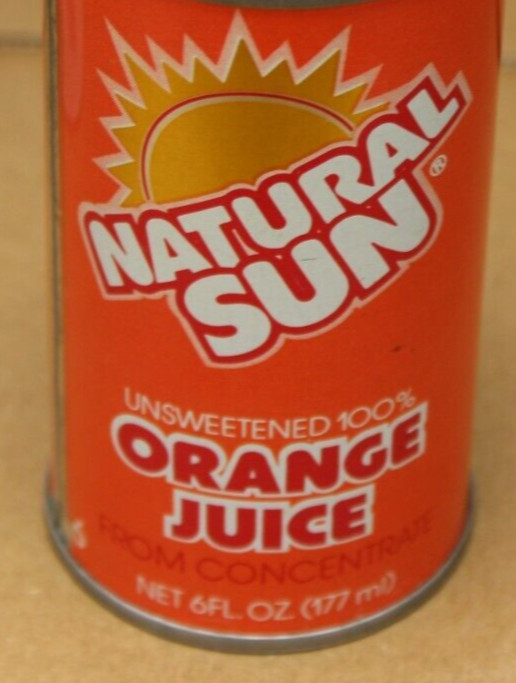 GRAPHIC NEAR MINT * 1970s era NATURAL SUN ORANGE JUICE Old 6 oz. Tin Can