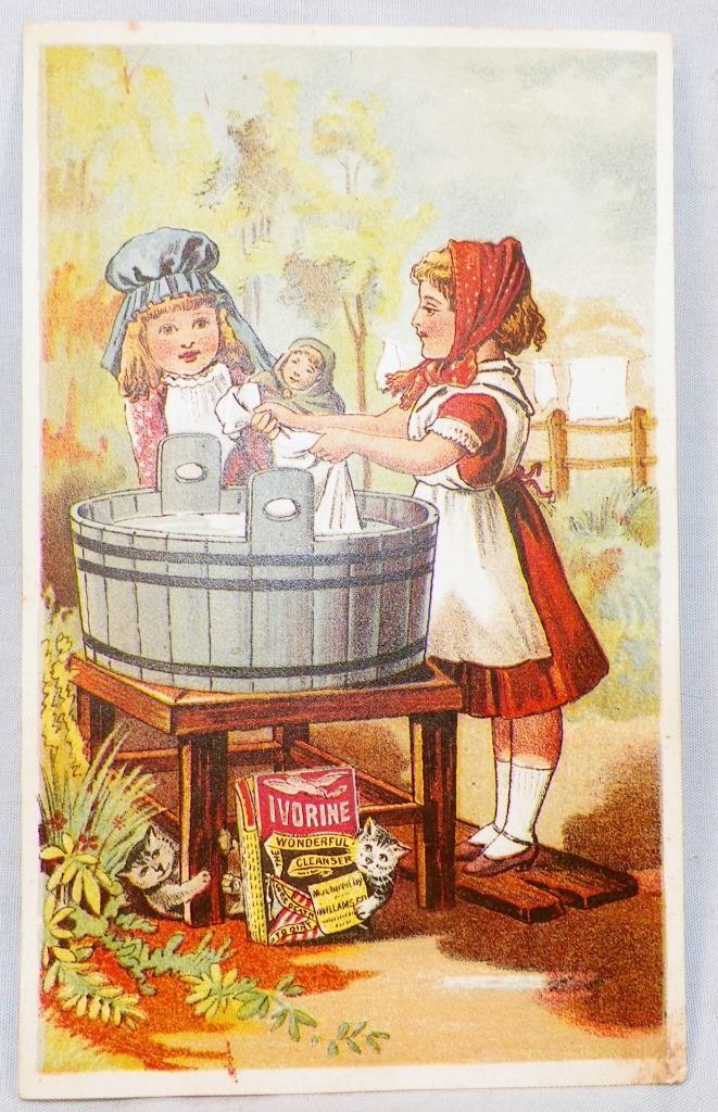 Victorian Trade Card Ivorine Wonderful Cleanser Girls Washing Doll Clothes #2