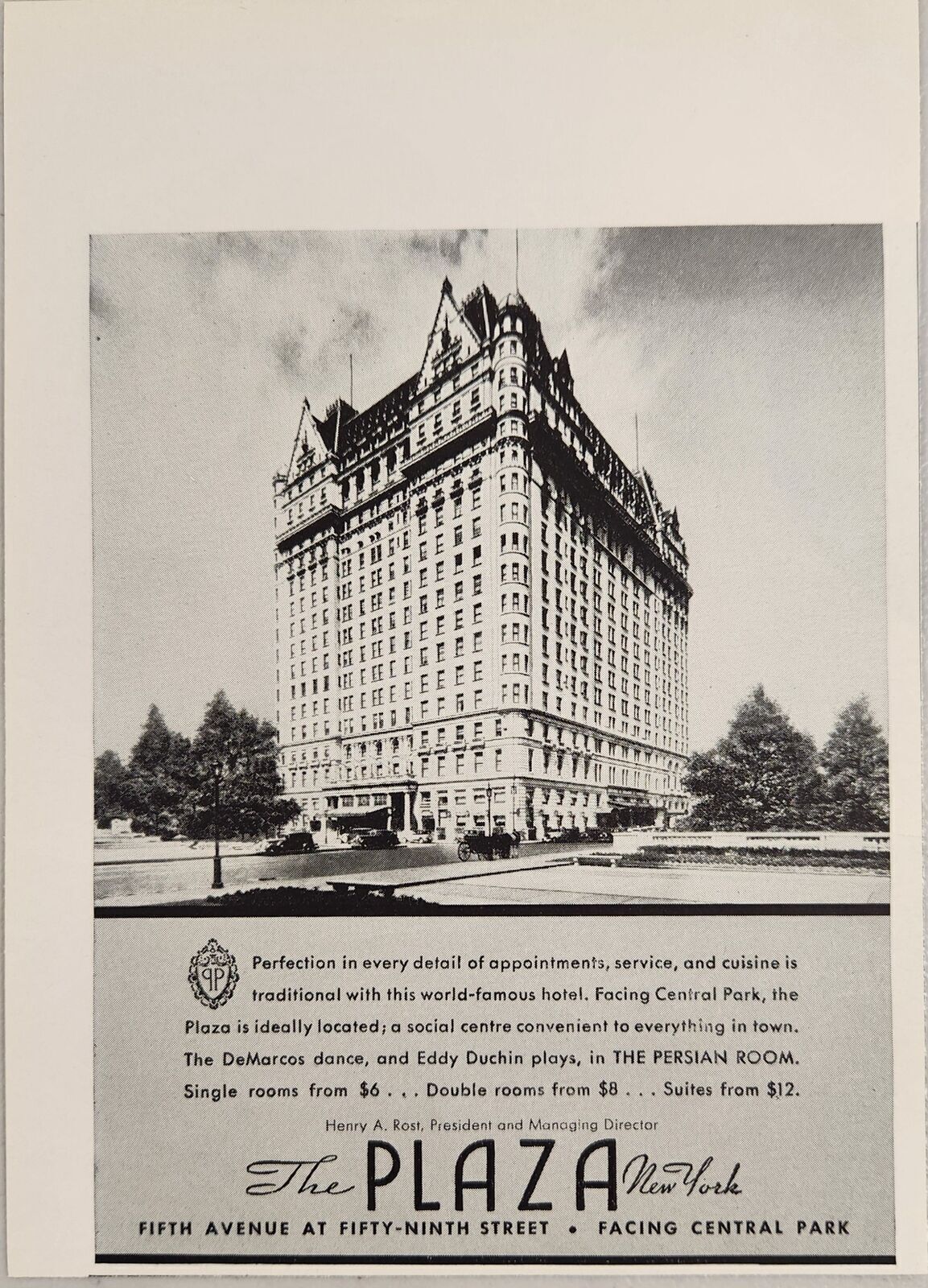 1936 Print Ad The Plaza Hotel Facing Central Park New York City,NY