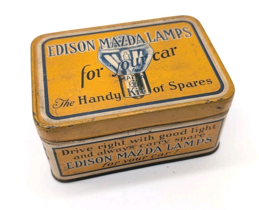 Vintage Edison Mazda Lamps Metal Tin Litho Yellow Box with Original Bulbs (3)