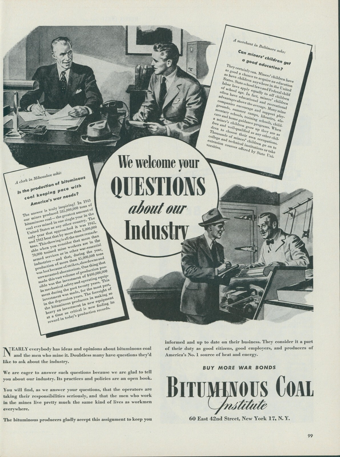 1944 Bituminous Coal WWII Buy War Bonds Miners Kids Education Vtg Print Ad L20