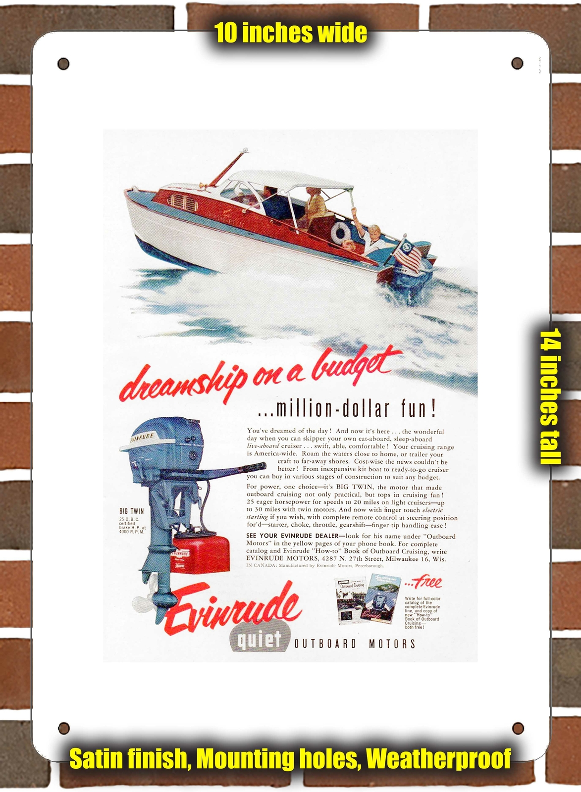 Metal Sign – 1954 Evinrude Outboard Motors 3- 10×14 inches