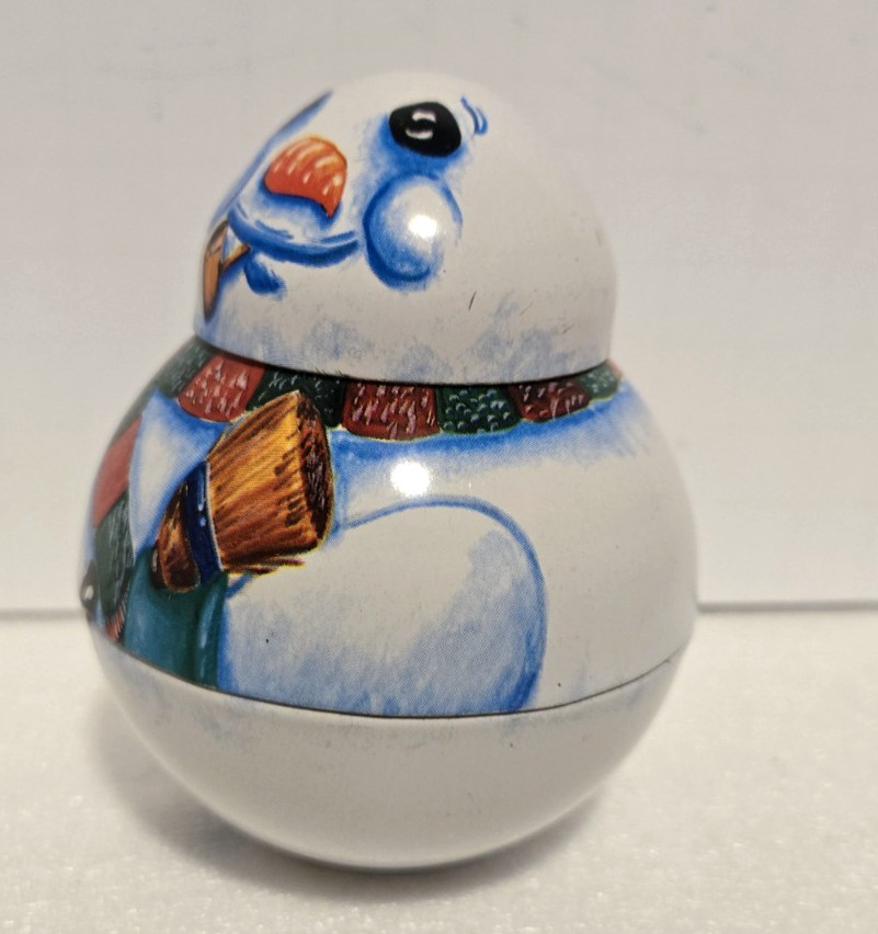 Multicolor Roly Poly Tin Snowman 3 1/2″ Tall. The Tin Box Company of America